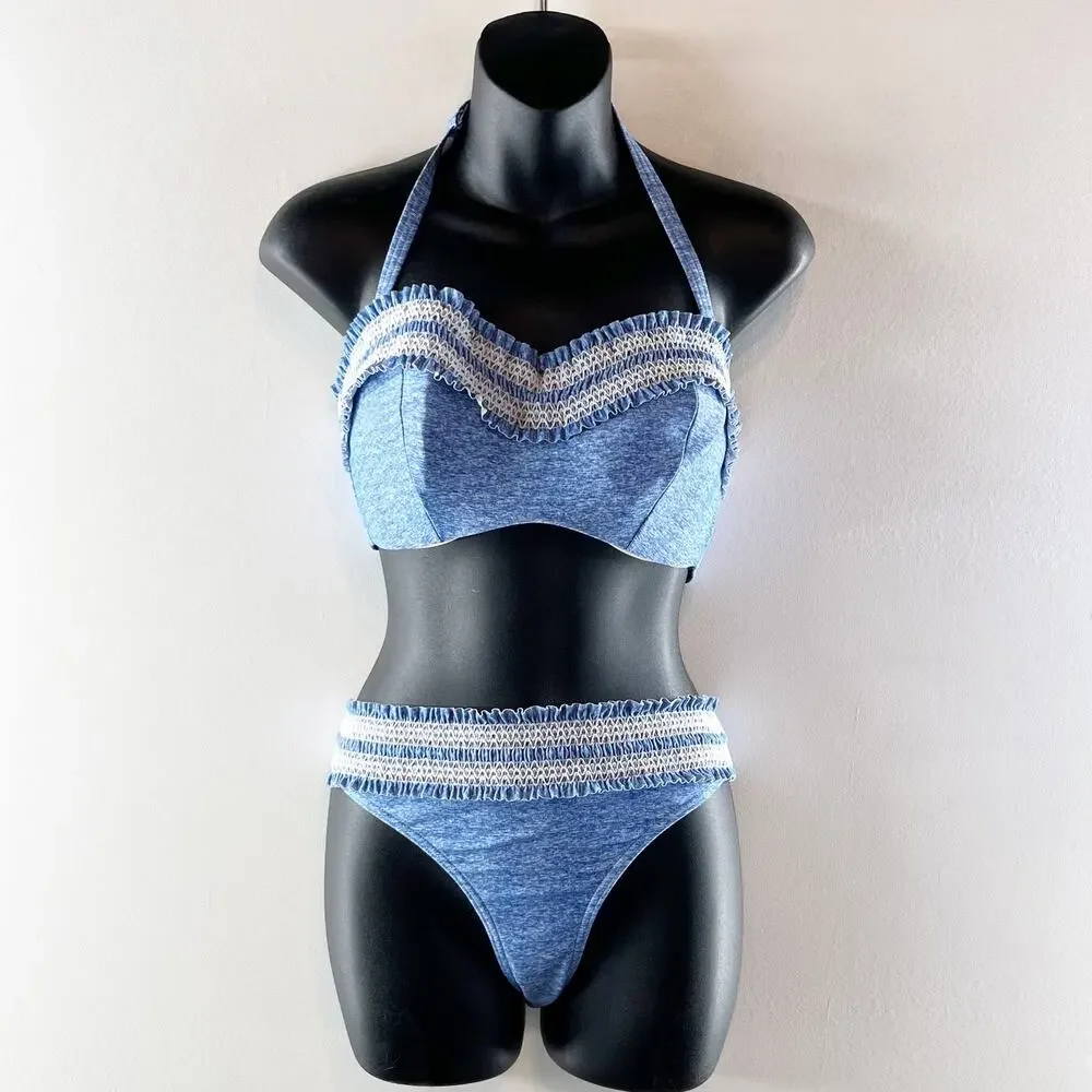 Figleaves Halter Two Piece Bikini Swimsuit Set Blue 14 / 38D